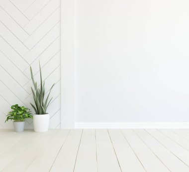 Ev bitkileriyle dolu boş bir İskandinav odası fikri. İç kısımları kuzeyli. 3B illüstrasyon 