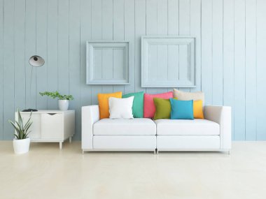 Minimalist bir oturma odası ve ahşap zeminde bir kanepe. İç kısımları kuzeyli. 3B illüstrasyon