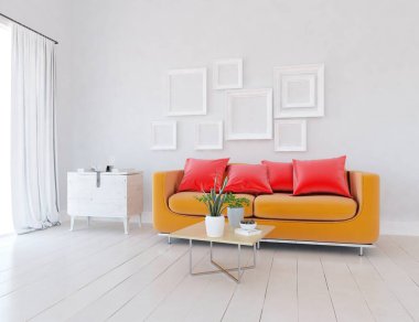 Beyaz minimalist oturma odasının içinde, ahşap zeminde kanepe var. İç kısımları kuzeyli. 3B illüstrasyon