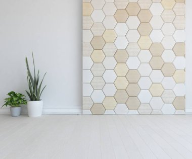 Ev bitkileriyle dolu boş bir İskandinav odası fikri. İç kısımları kuzeyli. 3B illüstrasyon 