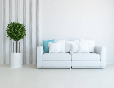 Beyaz minimalist oturma odasının içinde, ahşap zeminde kanepe var. İç kısımları kuzeyli. 3B illüstrasyon