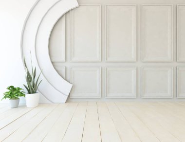 Ev bitkileriyle dolu boş bir İskandinav odası fikri. İç kısımları kuzeyli. 3B illüstrasyon 