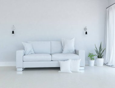Beyaz minimalist oturma odasının içinde, ahşap zeminde kanepe var. İç kısımları kuzeyli. 3B illüstrasyon