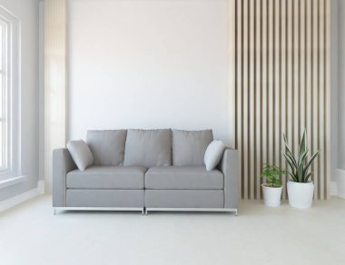 Beyaz minimalist oturma odasının içinde, ahşap zeminde kanepe var. İç kısımları kuzeyli. 3B illüstrasyon