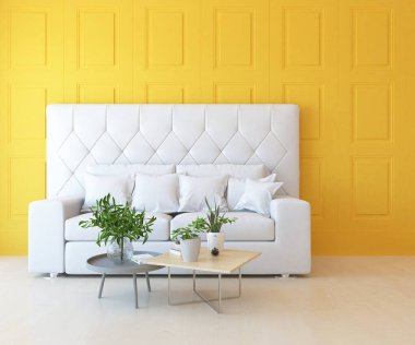 Sarı minimalist oturma odasının içinde ahşap bir zeminde kanepe var. İç kısımları kuzeyli. 3B illüstrasyon