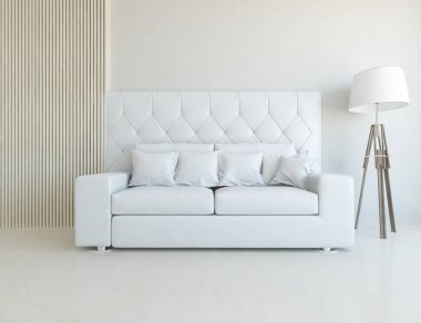 Beyaz minimalist oturma odasının içinde, ahşap zeminde kanepe var. İç kısımları kuzeyli. 3B illüstrasyon