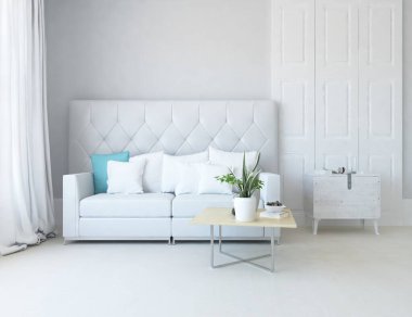 Beyaz minimalist oturma odasının içinde, ahşap zeminde kanepe var. İç kısımları kuzeyli. 3B illüstrasyon