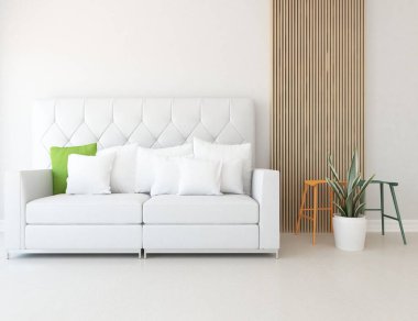 Beyaz minimalist oturma odasının içinde, ahşap zeminde kanepe var. İç kısımları kuzeyli. 3B illüstrasyon
