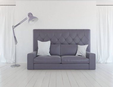 Minimalist bir oturma odası ve ahşap zeminde bir kanepe. İç kısımları kuzeyli. 3B illüstrasyon