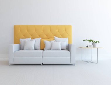 Beyaz minimalist oturma odasının içinde, ahşap zeminde kanepe var. İç kısımları kuzeyli. 3B illüstrasyon