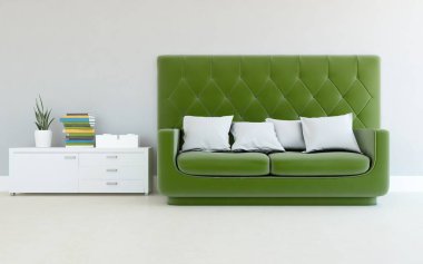 Ahşap zeminde kanepesi olan yeşil minimalist oturma odası. İç kısımları kuzeyli. 3B illüstrasyon