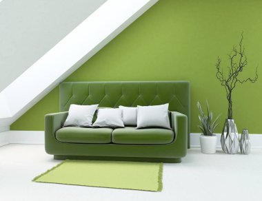 Ahşap zeminde kanepesi olan yeşil minimalist oturma odası. İç kısımları kuzeyli. 3B illüstrasyon