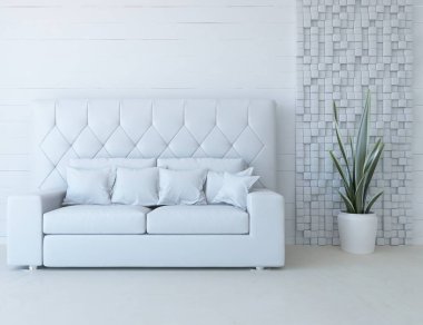 Beyaz minimalist oturma odasının içinde, ahşap zeminde kanepe var. İç kısımları kuzeyli. 3B illüstrasyon