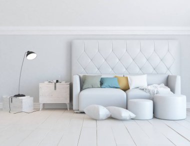 Beyaz minimalist oturma odasının içinde, ahşap zeminde kanepe var. İç kısımları kuzeyli. 3B illüstrasyon