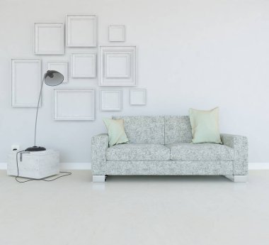 Beyaz minimalist oturma odasının içinde, ahşap zeminde kanepe var. İç kısımları kuzeyli. 3B illüstrasyon
