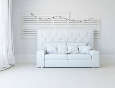 Beyaz minimalist oturma odasının içinde, ahşap zeminde kanepe var. İç kısımları kuzeyli. 3B illüstrasyon