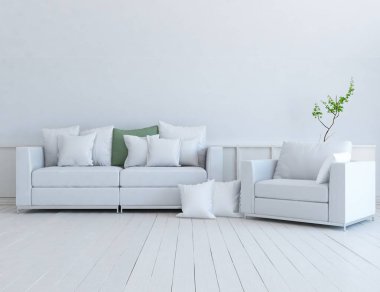Beyaz minimalist oturma odasının içinde, ahşap zeminde kanepe var. İç kısımları kuzeyli. 3B illüstrasyon