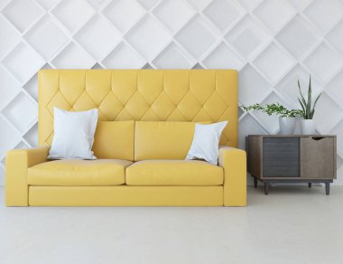 Minimalist bir oturma odası ve ahşap zeminde bir kanepe. İç kısımları kuzeyli. 3B illüstrasyon