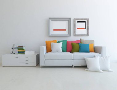 Minimalist bir oturma odası ve ahşap zeminde bir kanepe. İç kısımları kuzeyli. 3B illüstrasyon