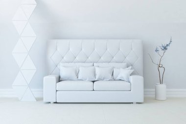 Beyaz minimalist oturma odasının içinde, ahşap zeminde kanepe var. İç kısımları kuzeyli. 3B illüstrasyon