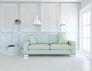 Beyaz minimalist oturma odasının içinde, ahşap zeminde kanepe var. İç kısımları kuzeyli. 3B illüstrasyon