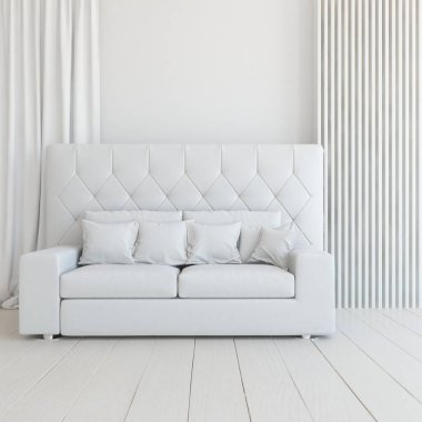 Beyaz minimalist oturma odasının içinde, ahşap zeminde kanepe var. İç kısımları kuzeyli. 3B illüstrasyon
