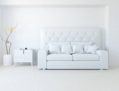 Beyaz minimalist oturma odasının içinde, ahşap zeminde kanepe var. İç kısımları kuzeyli. 3B illüstrasyon