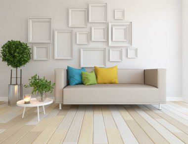 Beyaz minimalist oturma odasının içinde, ahşap zeminde kanepe var. İç kısımları kuzeyli. 3B illüstrasyon