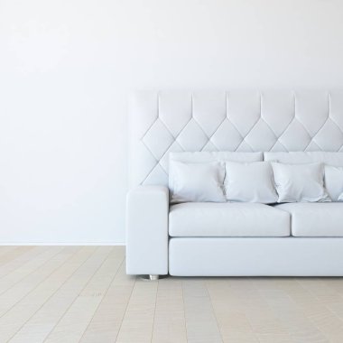 Beyaz minimalist oturma odasının içinde, ahşap zeminde kanepe var. İç kısımları kuzeyli. 3B illüstrasyon