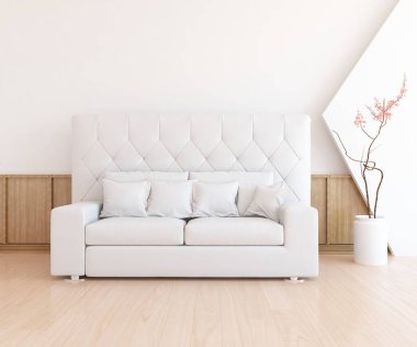 Beyaz minimalist oturma odasının içinde, ahşap zeminde kanepe var. İç kısımları kuzeyli. 3B illüstrasyon