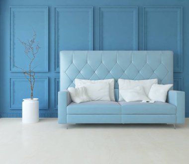 Mavi minimalist bir oturma odası ve ahşap zeminde bir kanepe. İç kısımları kuzeyli. 3B illüstrasyon