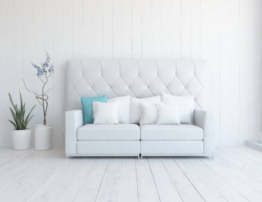 Beyaz minimalist oturma odasının içinde, ahşap zeminde kanepe var. İç kısımları kuzeyli. 3B illüstrasyon