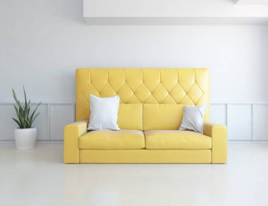 Minimalist bir oturma odası ve ahşap zeminde bir kanepe. İç kısımları kuzeyli. 3B illüstrasyon