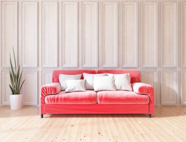 Minimalist bir oturma odası ve ahşap zeminde bir kanepe. İç kısımları kuzeyli. 3B illüstrasyon