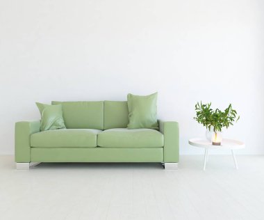 Beyaz minimalist oturma odasının içinde, ahşap zeminde kanepe var. İç kısımları kuzeyli. 3B illüstrasyon