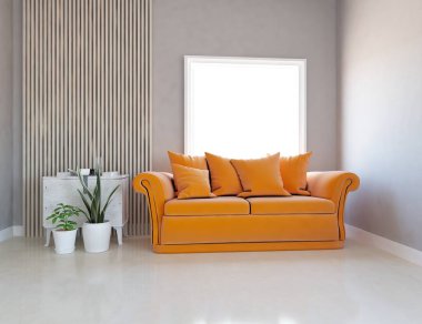 Minimalist bir oda ve kanepe. İç kısımları kuzeyli. 3B illüstrasyon