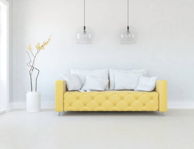 Beyaz minimalist oturma odasının içinde, ahşap zeminde kanepe var. İç kısımları kuzeyli. 3B illüstrasyon