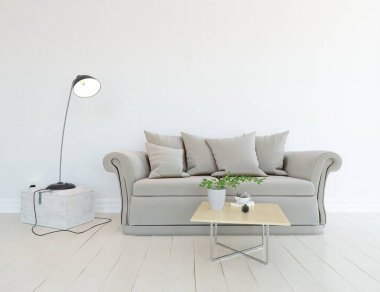 Beyaz minimalist oturma odasının içinde, ahşap zeminde kanepe var. İç kısımları kuzeyli. 3B illüstrasyon
