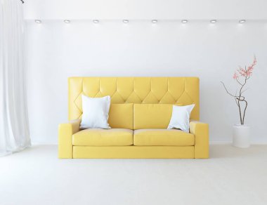 Minimalist bir oturma odası ve ahşap zeminde bir kanepe. İç kısımları kuzeyli. 3B illüstrasyon