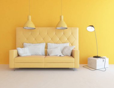 Sarı minimalist oturma odasının içinde ahşap bir zeminde kanepe var. İç kısımları kuzeyli. 3B illüstrasyon