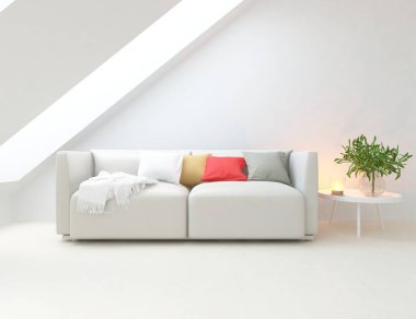 Beyaz minimalist oturma odasının içinde, ahşap zeminde kanepe var. İç kısımları kuzeyli. 3B illüstrasyon