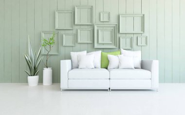 Minimalist bir oturma odası ve ahşap zeminde bir kanepe. İç kısımları kuzeyli. 3B illüstrasyon