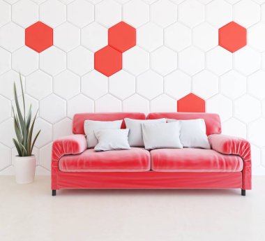 Minimalist bir oda ve kanepe. İç kısımları kuzeyli. 3B illüstrasyon