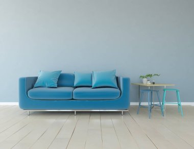 Minimalist bir oturma odası ve ahşap zeminde bir kanepe. İç kısımları kuzeyli. 3B illüstrasyon