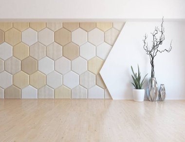 Ev bitkileriyle dolu boş bir İskandinav odası fikri. İç kısımları kuzeyli. 3B illüstrasyon 