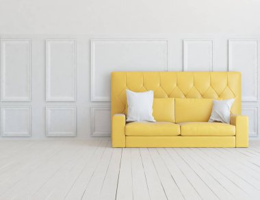 Minimalist bir oturma odası ve ahşap zeminde bir kanepe. İç kısımları kuzeyli. 3B illüstrasyon