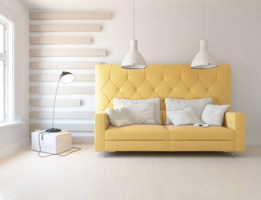 Minimalist bir oturma odası ve ahşap zeminde bir kanepe. İç kısımları kuzeyli. 3B illüstrasyon