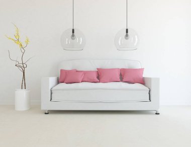 Beyaz minimalist oturma odasının içinde, ahşap zeminde kanepe var. İç kısımları kuzeyli. 3B illüstrasyon