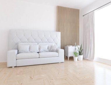 Beyaz minimalist oturma odasının içinde, ahşap zeminde kanepe var. İç kısımları kuzeyli. 3B illüstrasyon