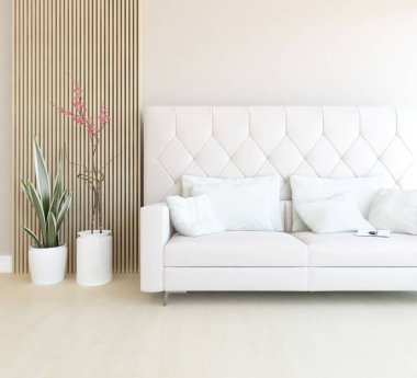 Beyaz minimalist oturma odasının içinde, ahşap zeminde kanepe var. İç kısımları kuzeyli. 3B illüstrasyon
